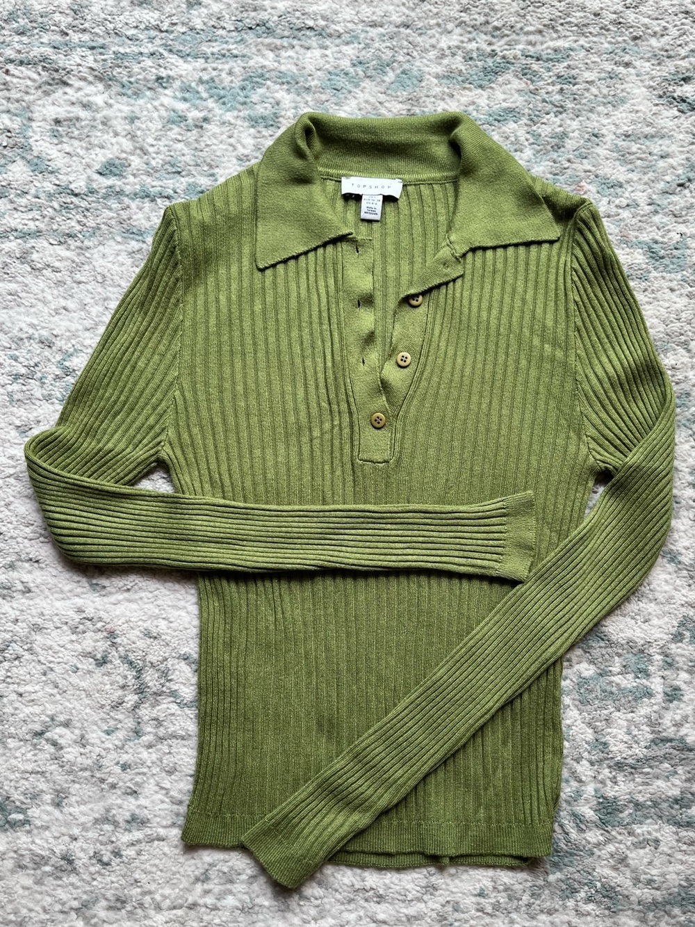 Topshop Olive Green Ribbed V-Neck Polo Sweater